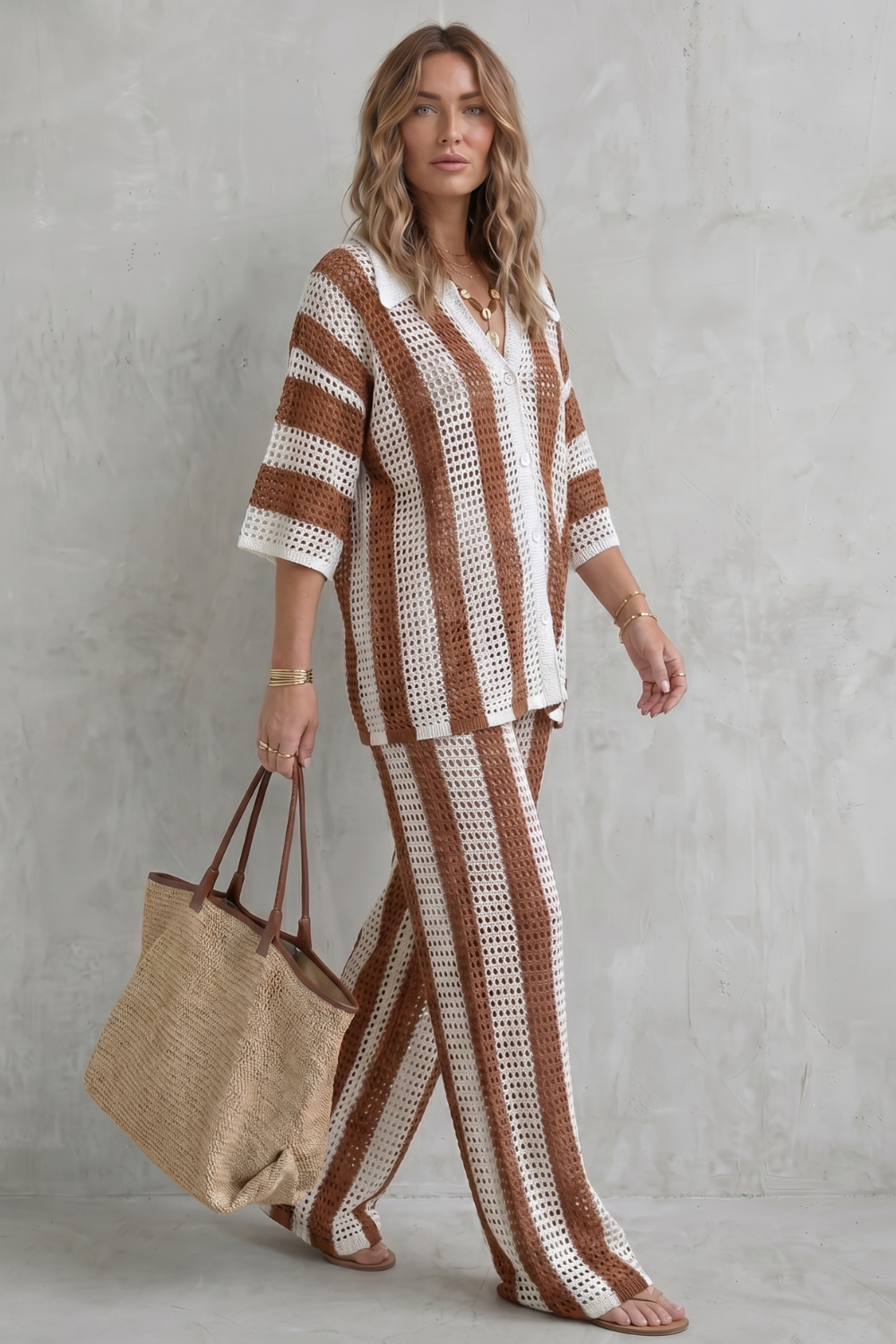 Evarisse – Textura de crochê listrada – Conjunto de verão