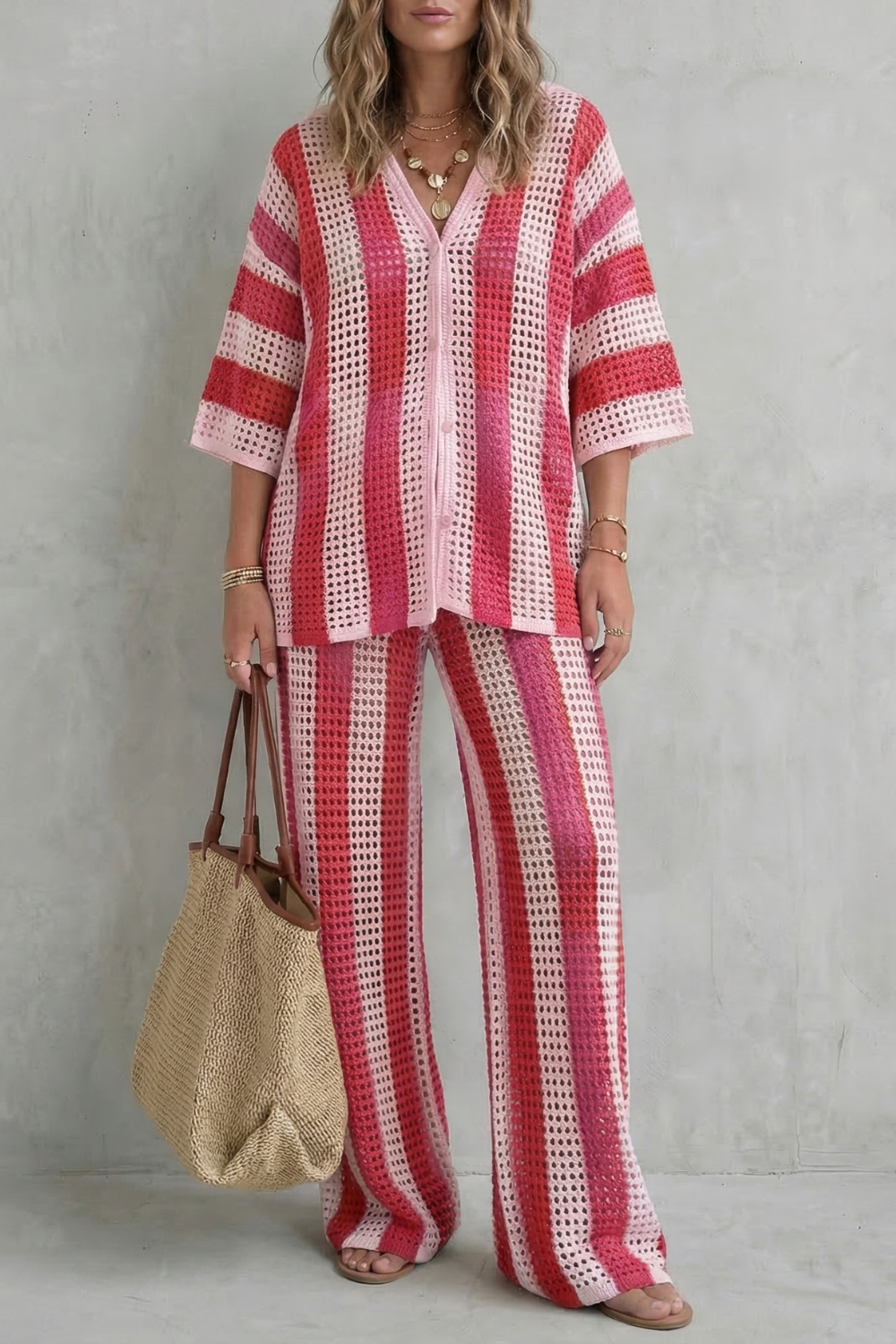 Evarisse – Textura de crochê listrada – Conjunto de verão