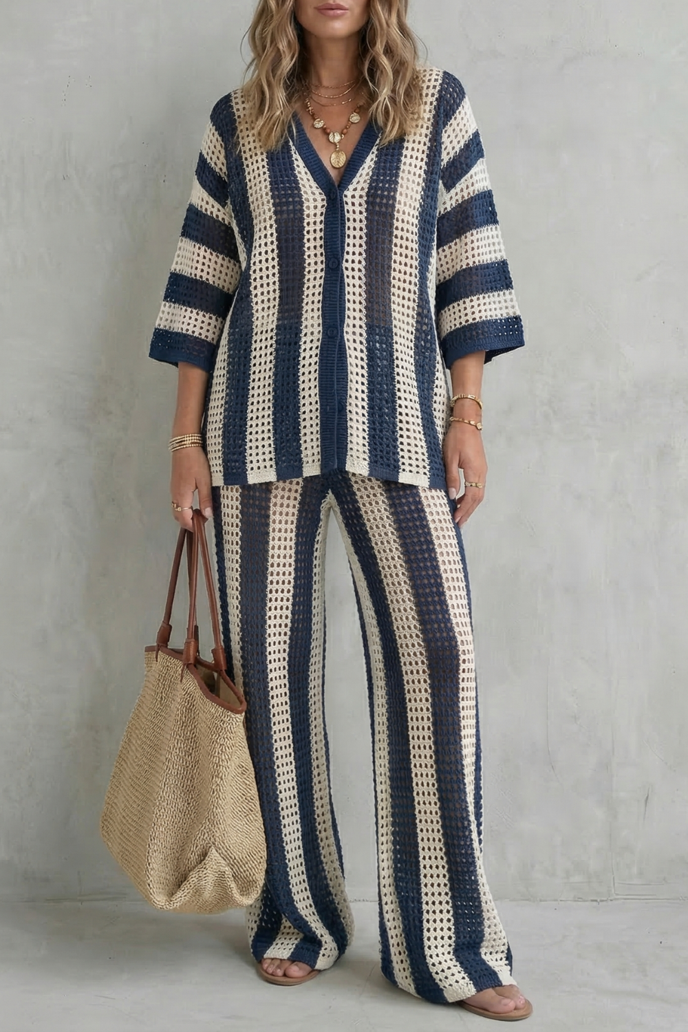 Evarisse – Textura de crochê listrada – Conjunto de verão