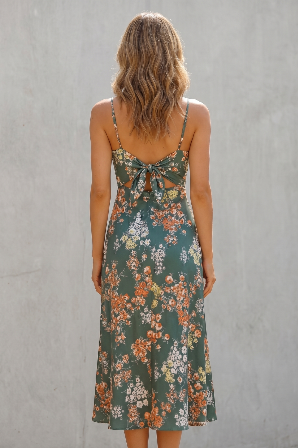 Evelisse – Charme floral com amarração frontal – Vestido midi