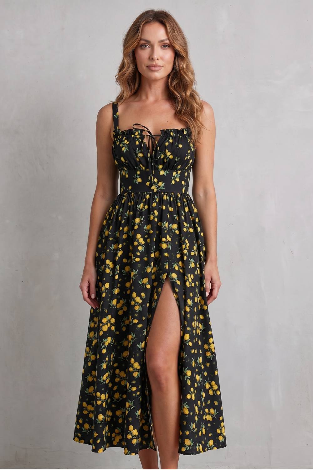 Fioralina – Romance com estampa de frutas – Vestido longo