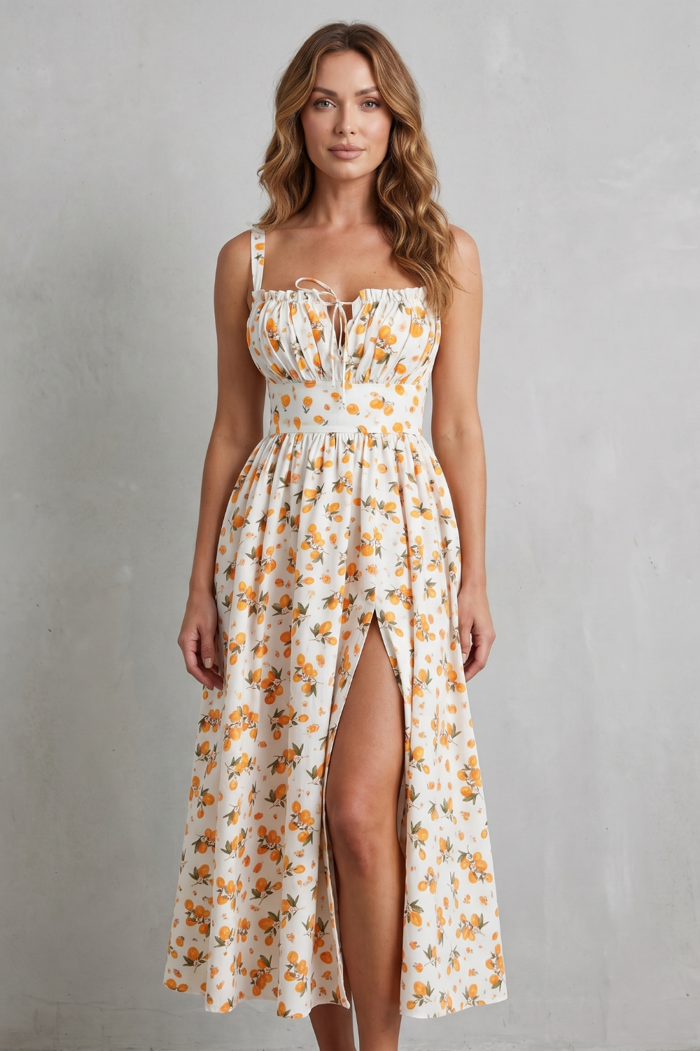 Fioralina – Romance com estampa de frutas – Vestido longo