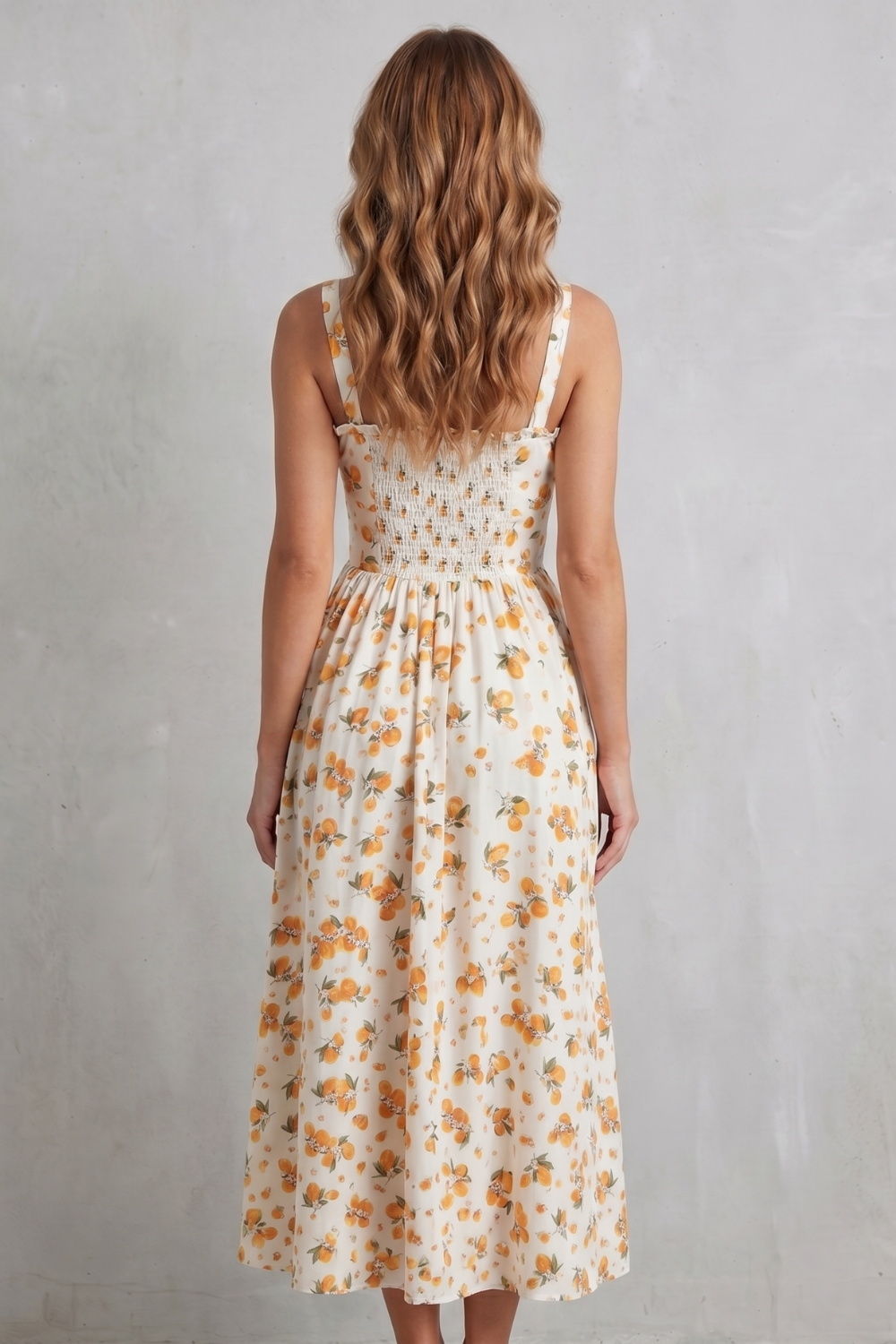 Fioralina – Romance com estampa de frutas – Vestido longo