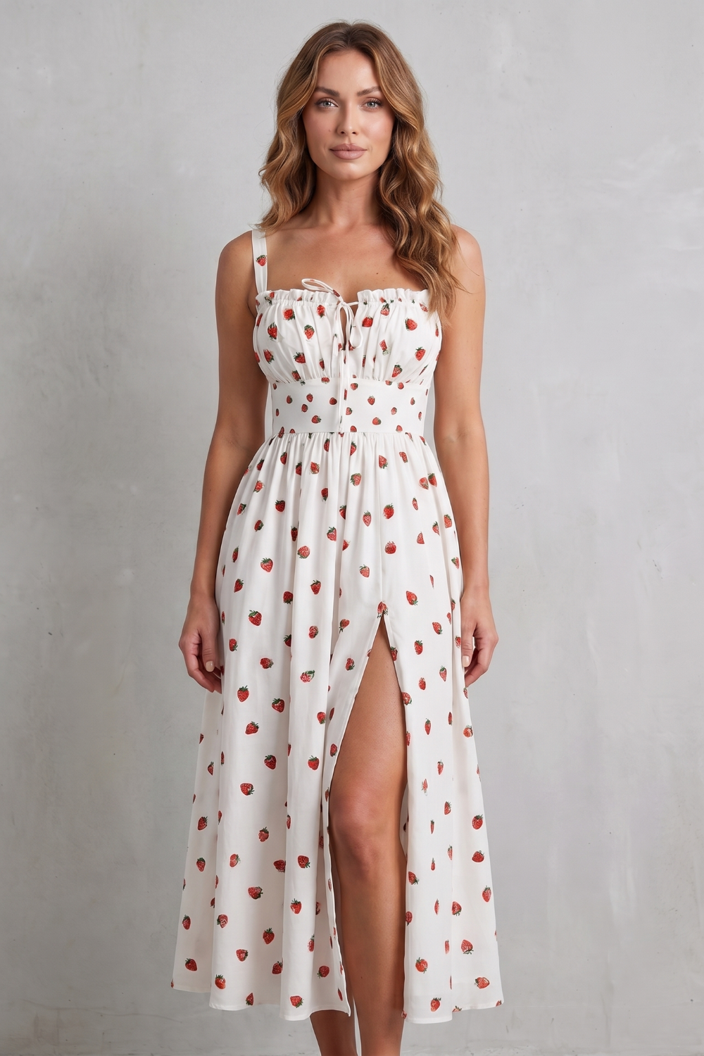 Fioralina – Romance com estampa de frutas – Vestido longo