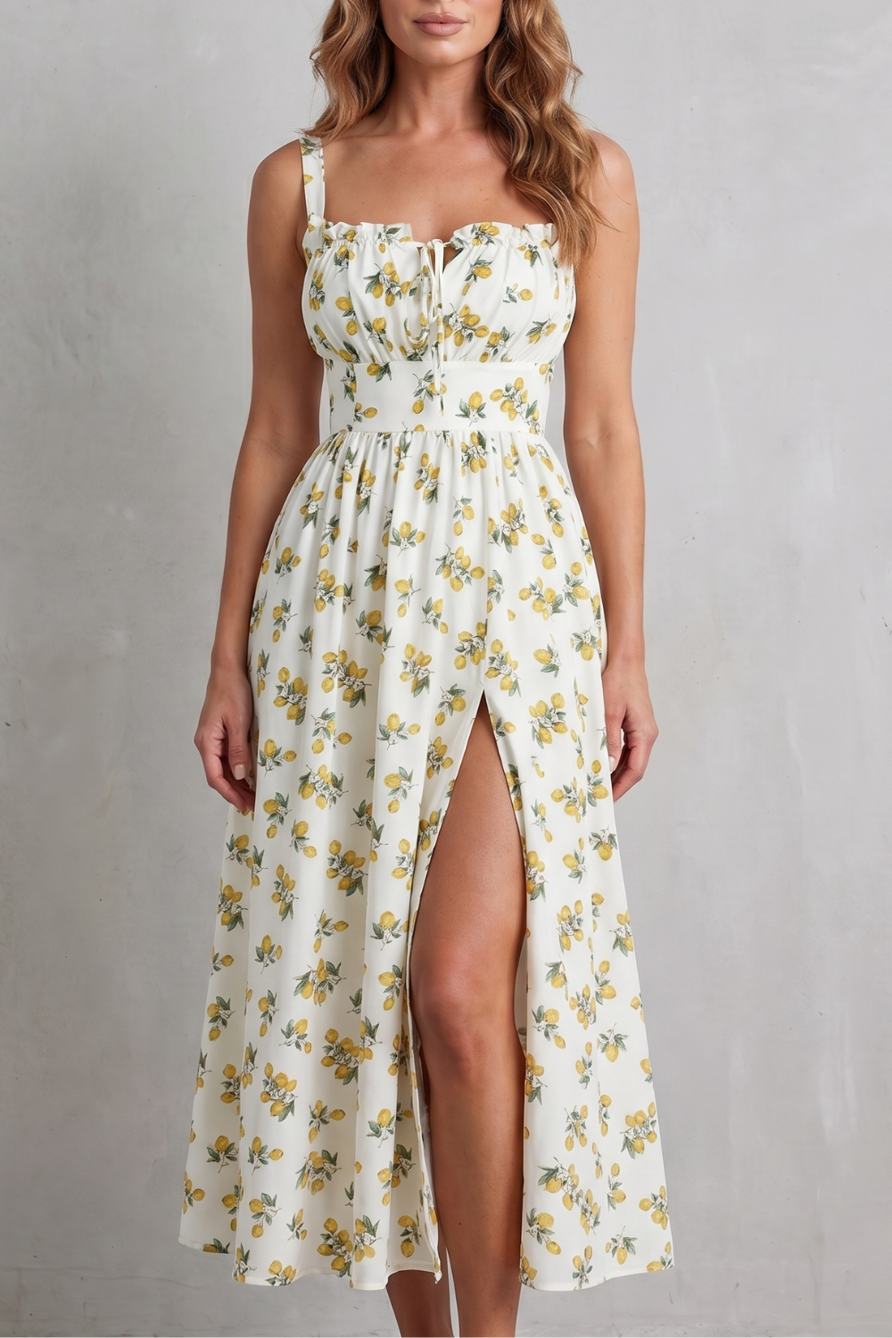 Fioralina – Romance com estampa de frutas – Vestido longo