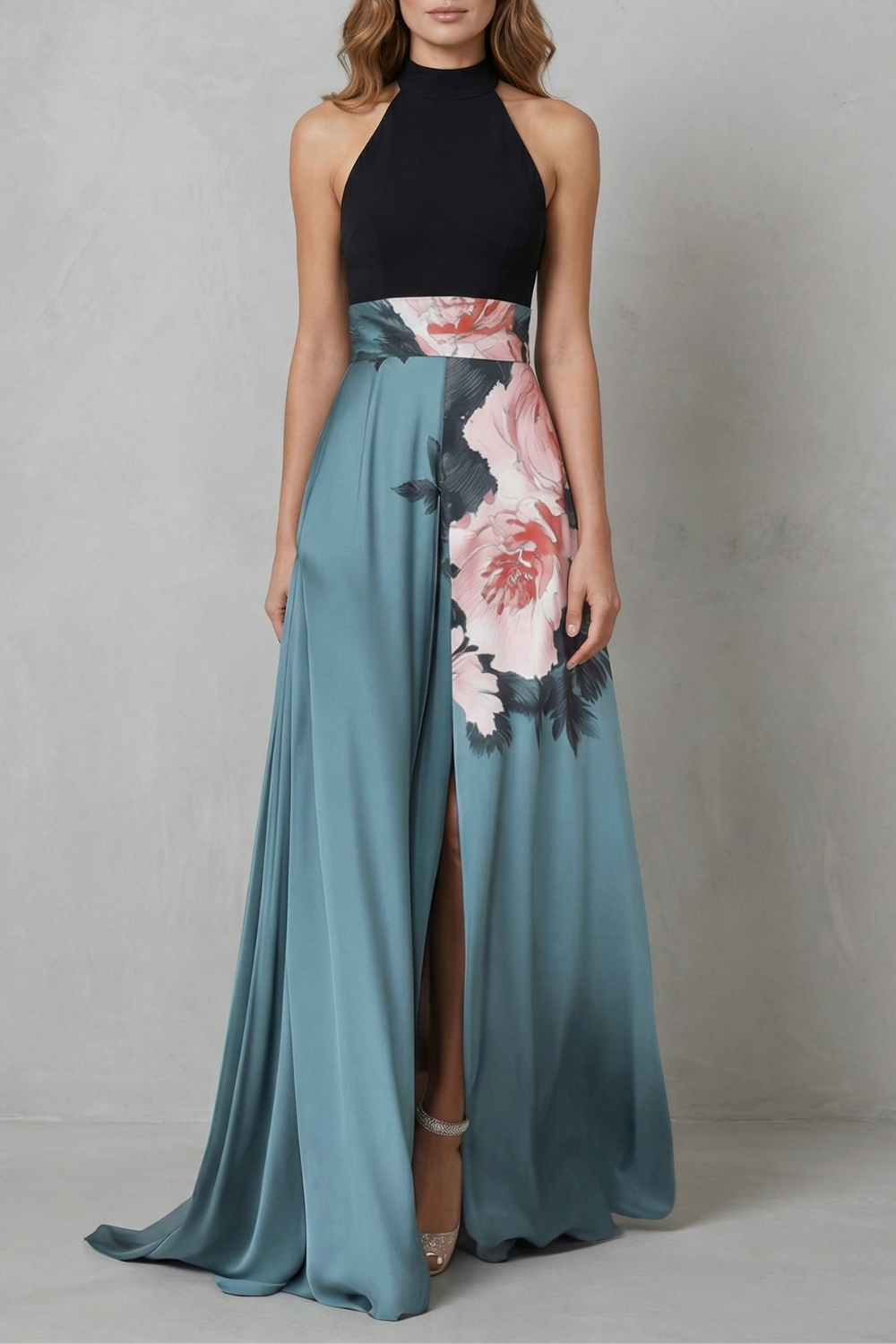 Florévia – Elegância floral em contraste – Vestido longo