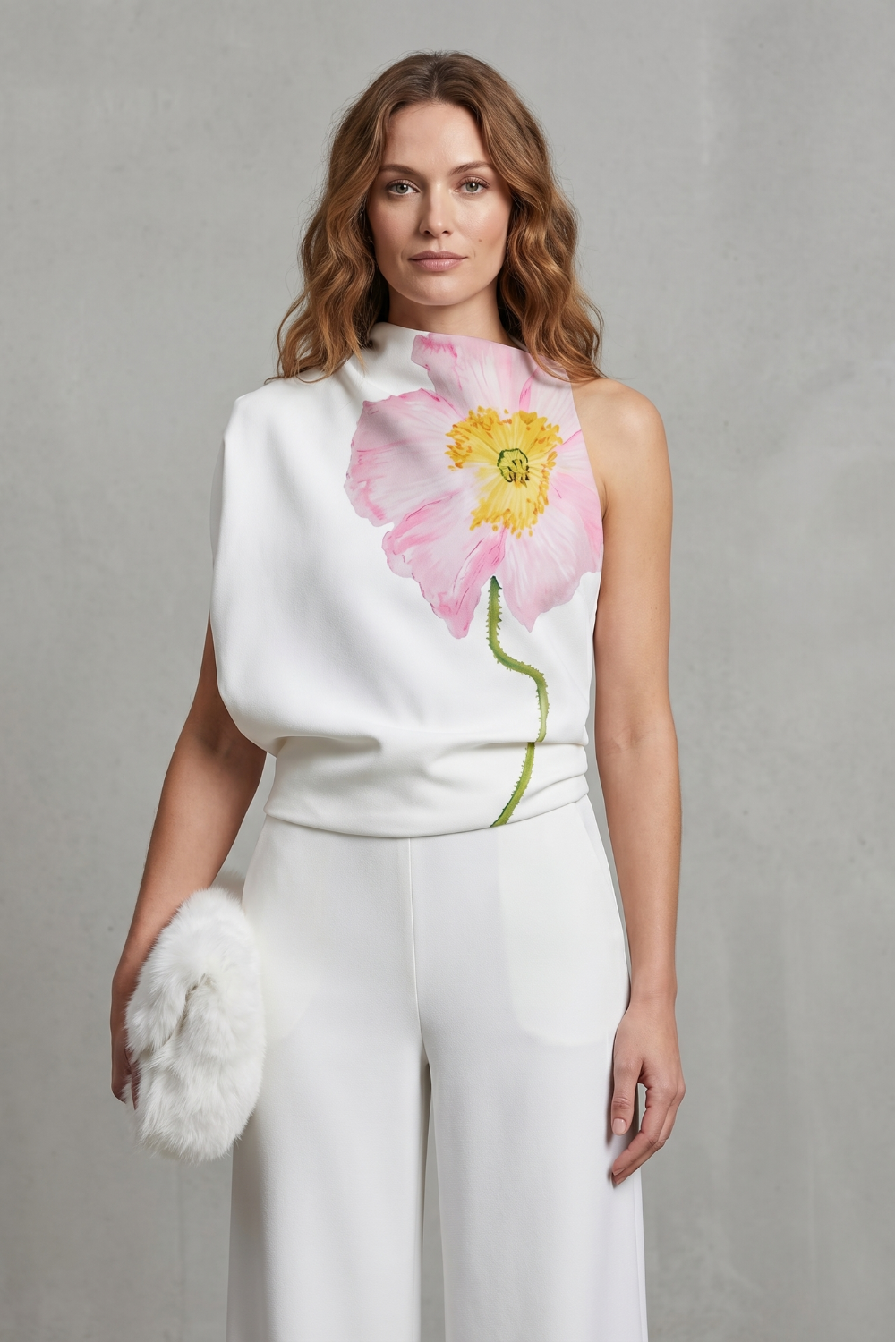 Florielle – Estampa floral artística – Top assimétrico sem mangas