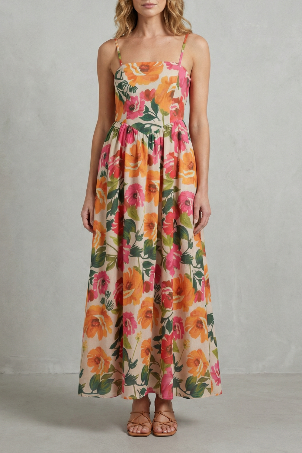 Florielle – Vestido midi floral com decote quadrado