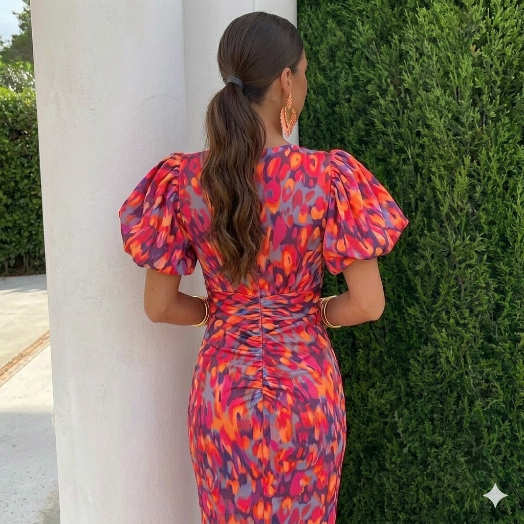 Tainara - Vestido midi estampado com mangas bufantes