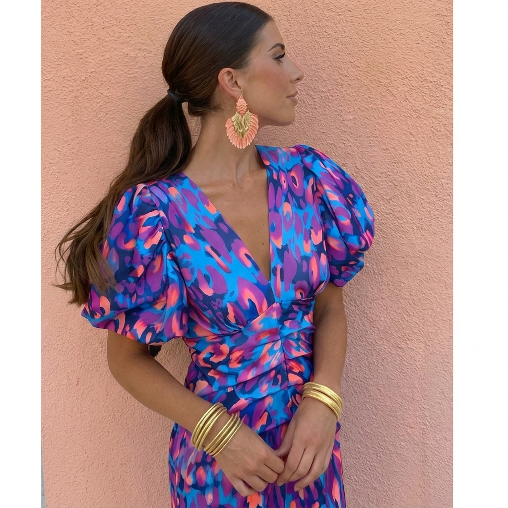 Tainara - Vestido midi estampado com mangas bufantes