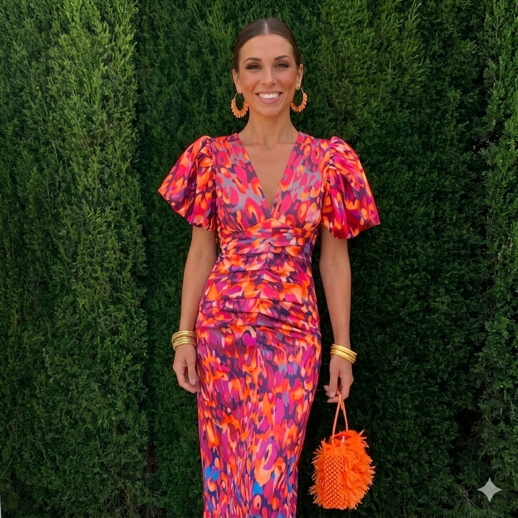 Tainara - Vestido midi estampado com mangas bufantes