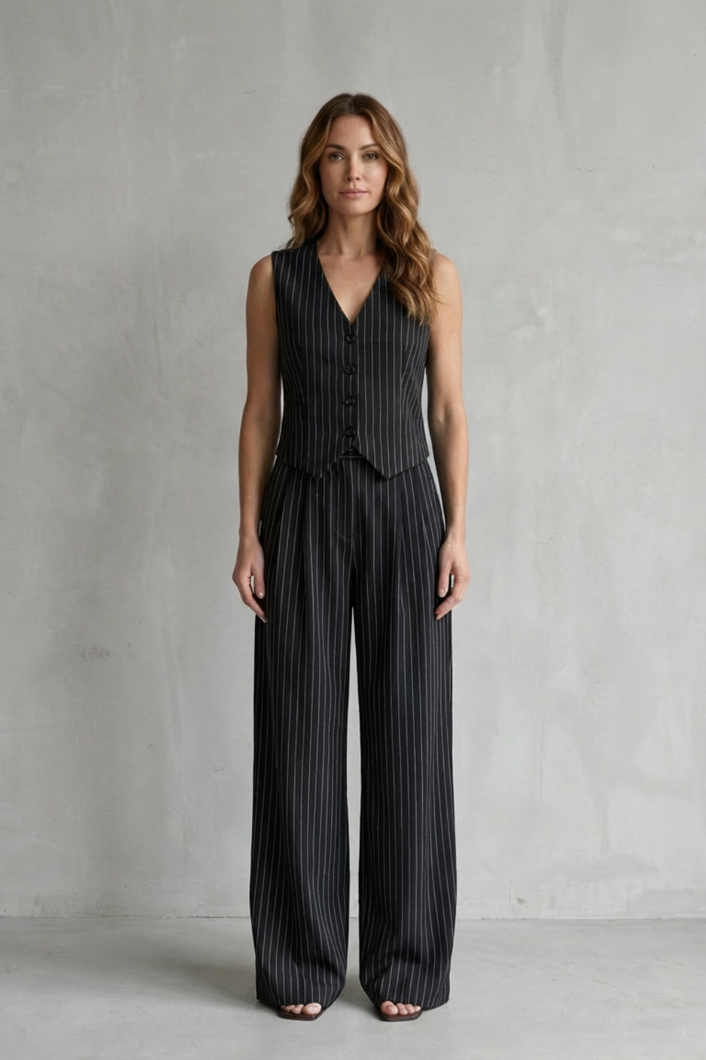 Isadora – Conjunto de Colete e Calça de Risca de Giz – Visual Moderno com Toque Vintage