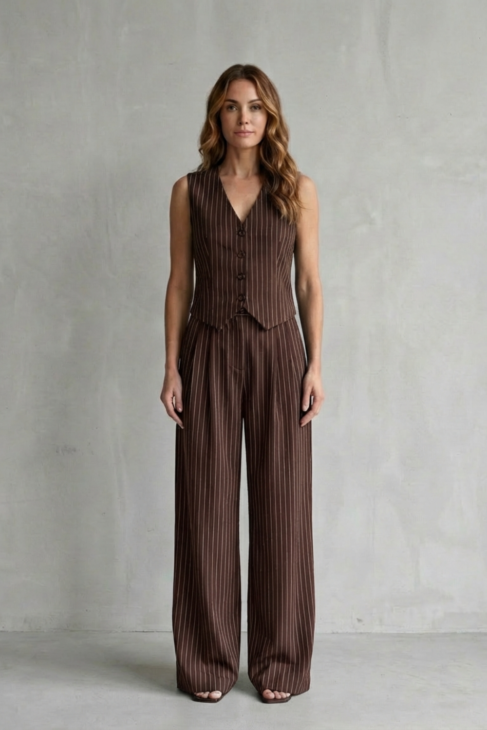 Isadora – Conjunto de Colete e Calça de Risca de Giz – Visual Moderno com Toque Vintage