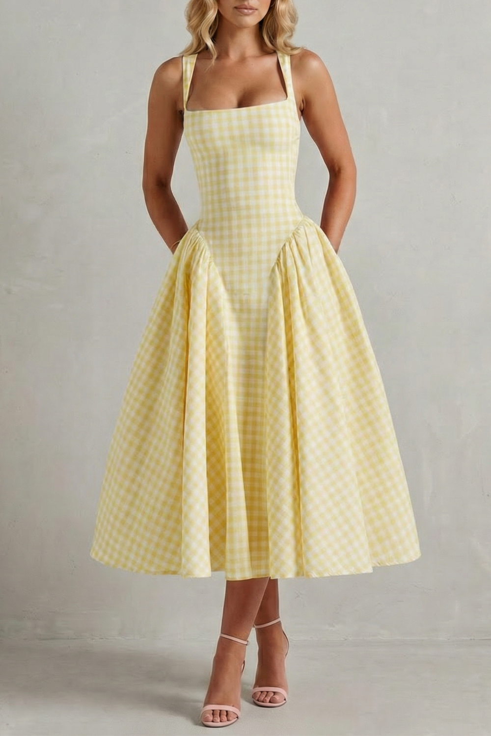 Kaydelle – Charme de verão xadrez vichy – Vestido midi