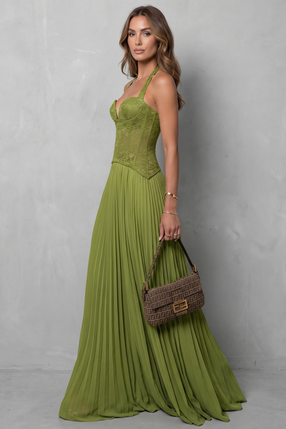 Kenlisse – Elegância plissada com corpete – Vestido longo