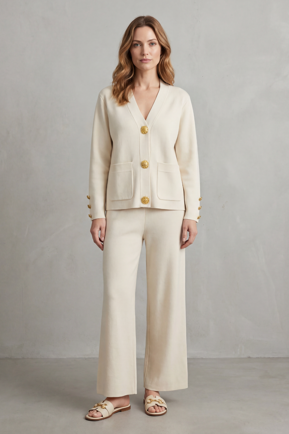 Livia – Detalhe de botões dourados – Conjunto loungewear abotoado