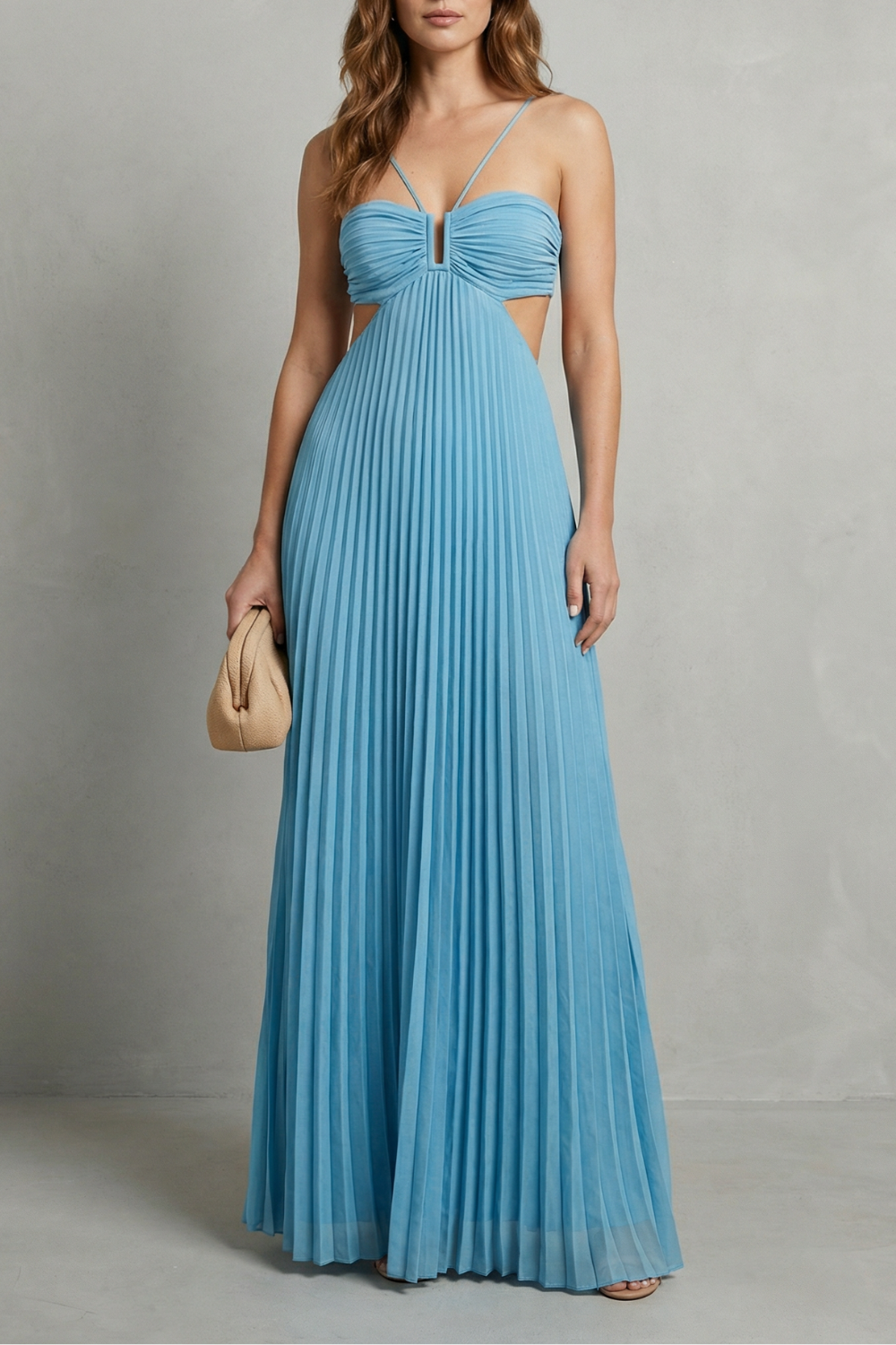 Luellara – Elegância franzida frente única – Vestido longo