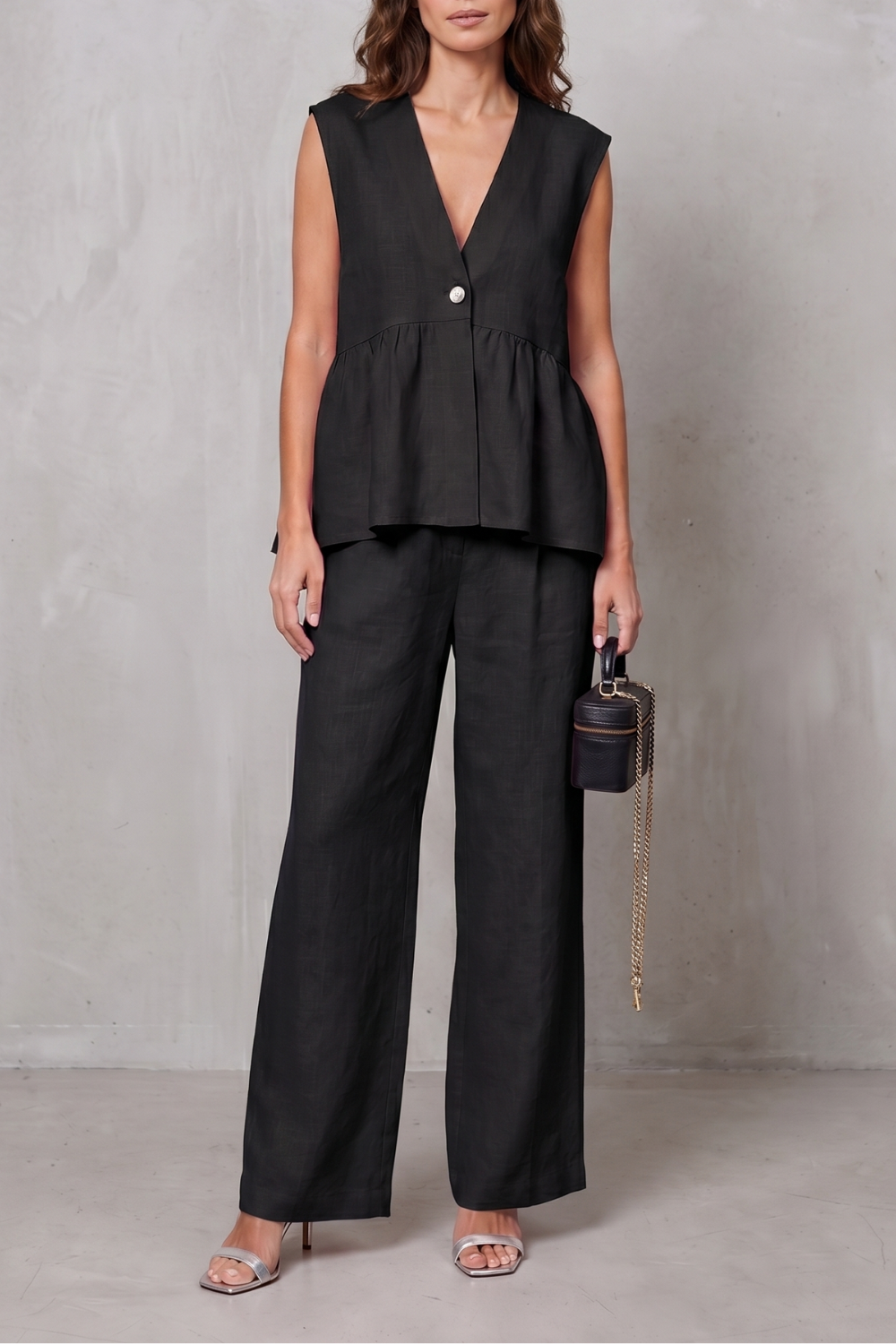 Lunessa – Elegância suave com peplum – Conjunto de calça de duas peças
