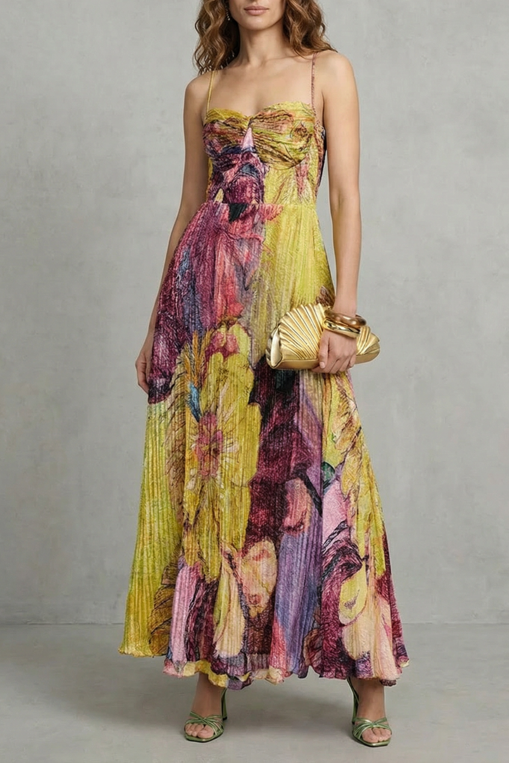 Lunézia – Pregas aquarela floral – Vestido longo fluido