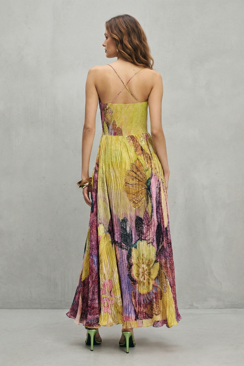 Lunézia – Pregas aquarela floral – Vestido longo fluido