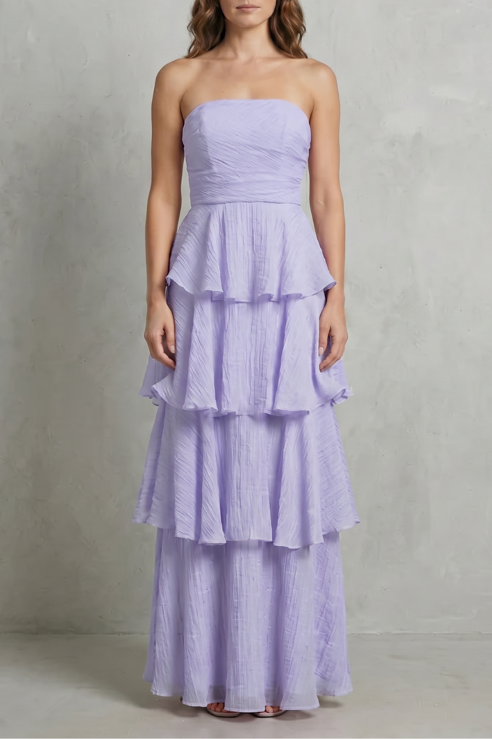 Margaret – Camadas fluidas em cascata – Vestido longo tomara que caia com babados