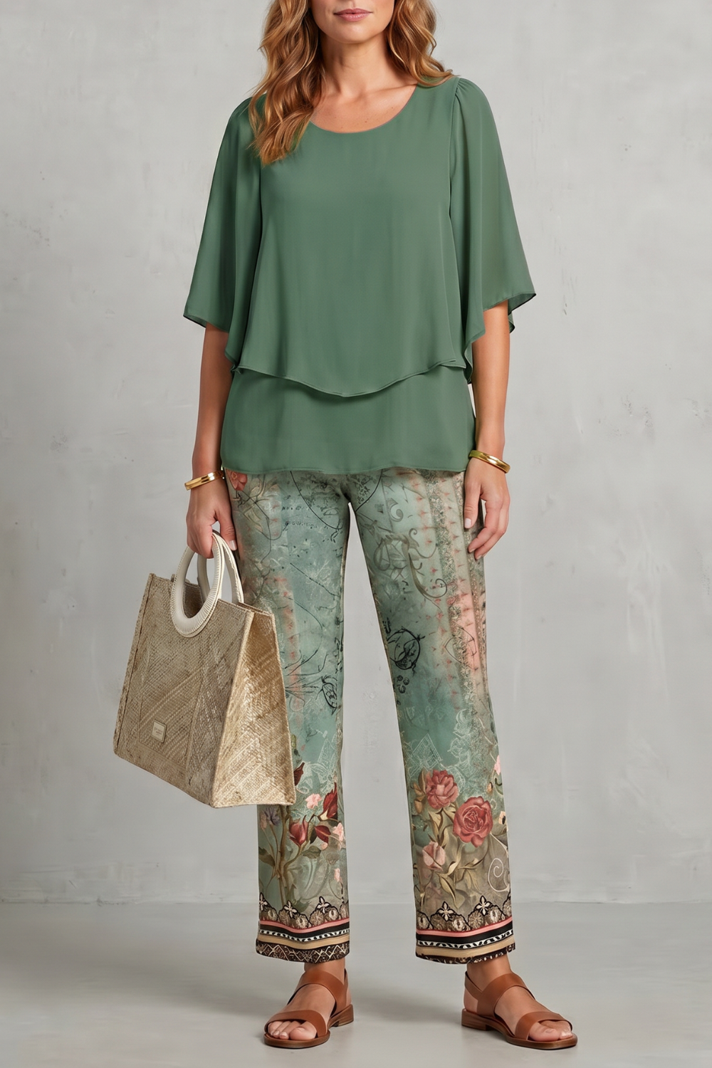 Mariselle – Elegância com estampa botânica – Conjunto de calça duas peças