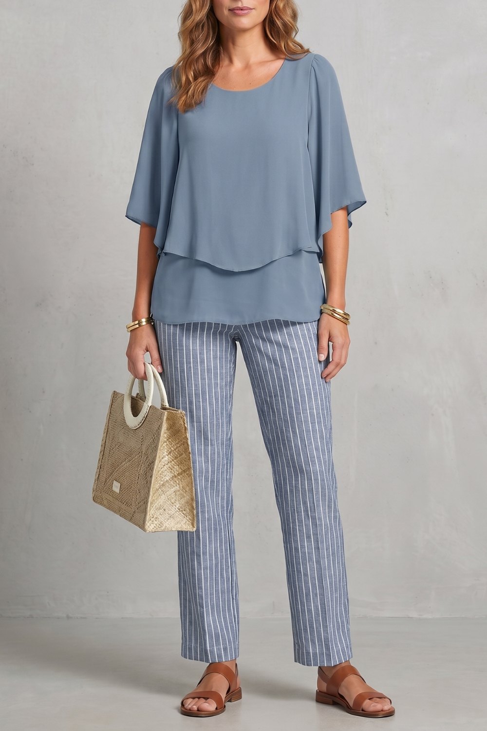Mariselle – Elegância com estampa botânica – Conjunto de calça duas peças