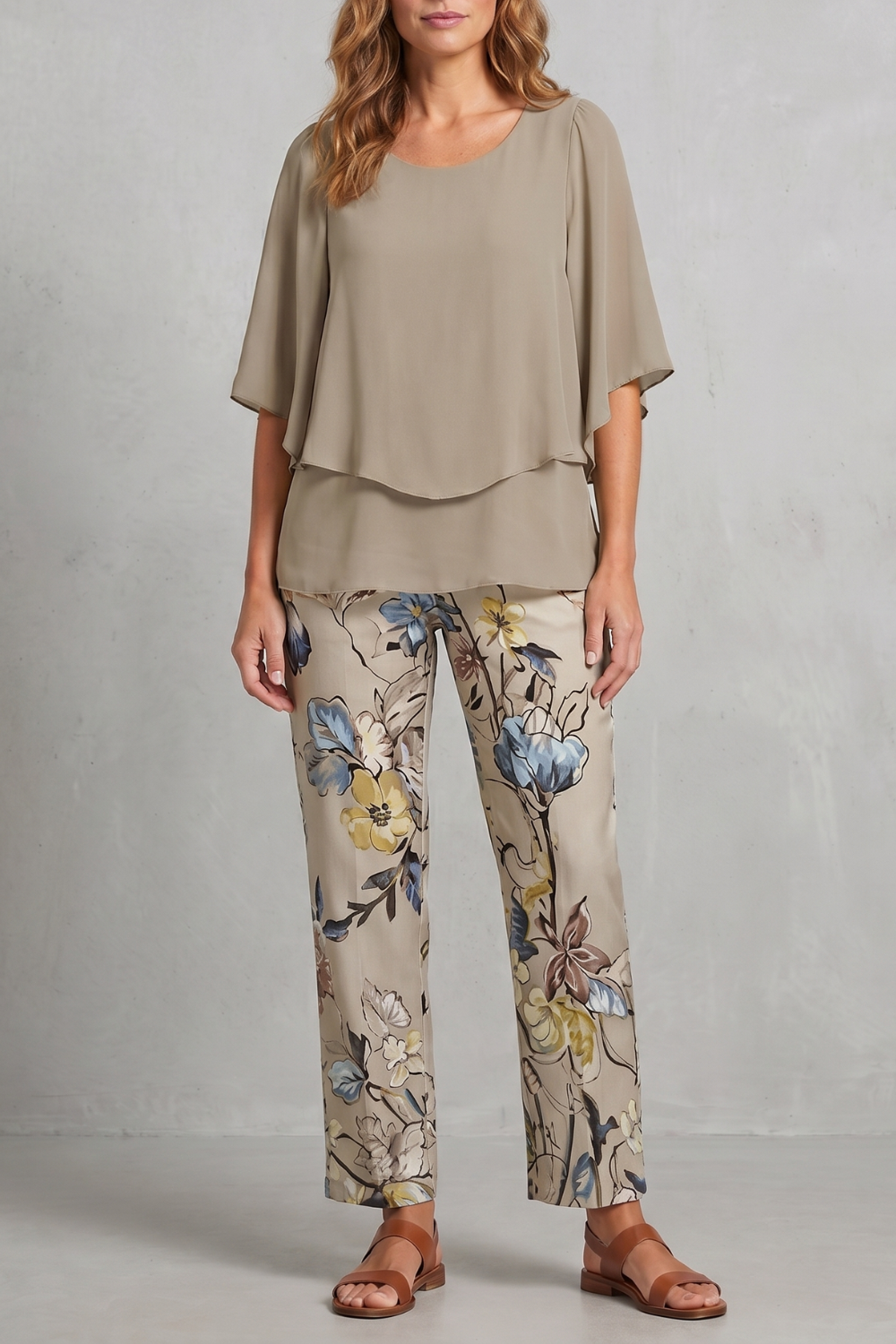 Mariselle – Elegância com estampa botânica – Conjunto de calça duas peças
