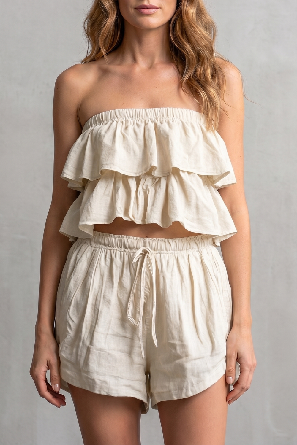 Marivelle – Charme à beira-mar com babados – Conjunto de shorts
