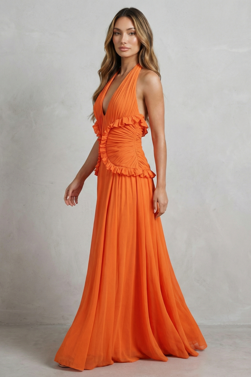 Marlowe – Romance ao pôr do sol – Vestido Longo Frente Única com Babados A-Line Feminino