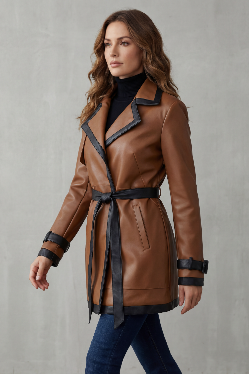 Mirella – Trench coat transpassado em couro sintético com cinto e detalhes contrastantes