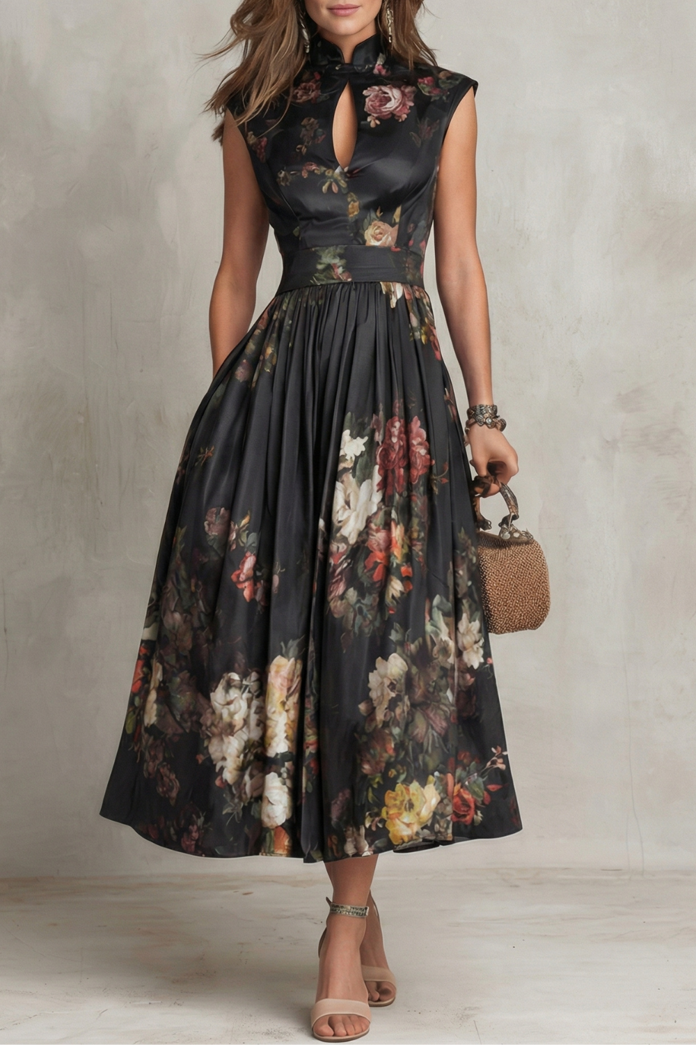 Noirelle – Elegância floral vintage – Vestido midi