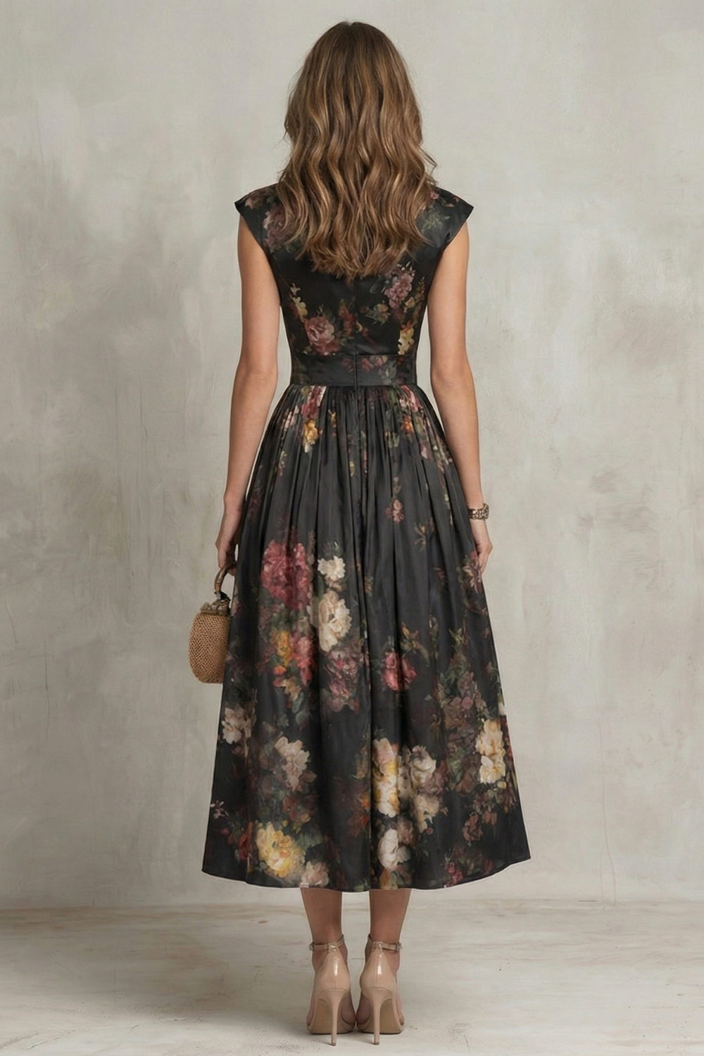 Noirelle – Elegância floral vintage – Vestido midi