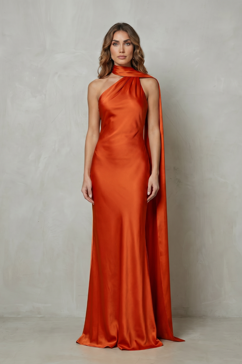 Orlianne – Decote drapeado em cascata – Vestido sereia em cetim