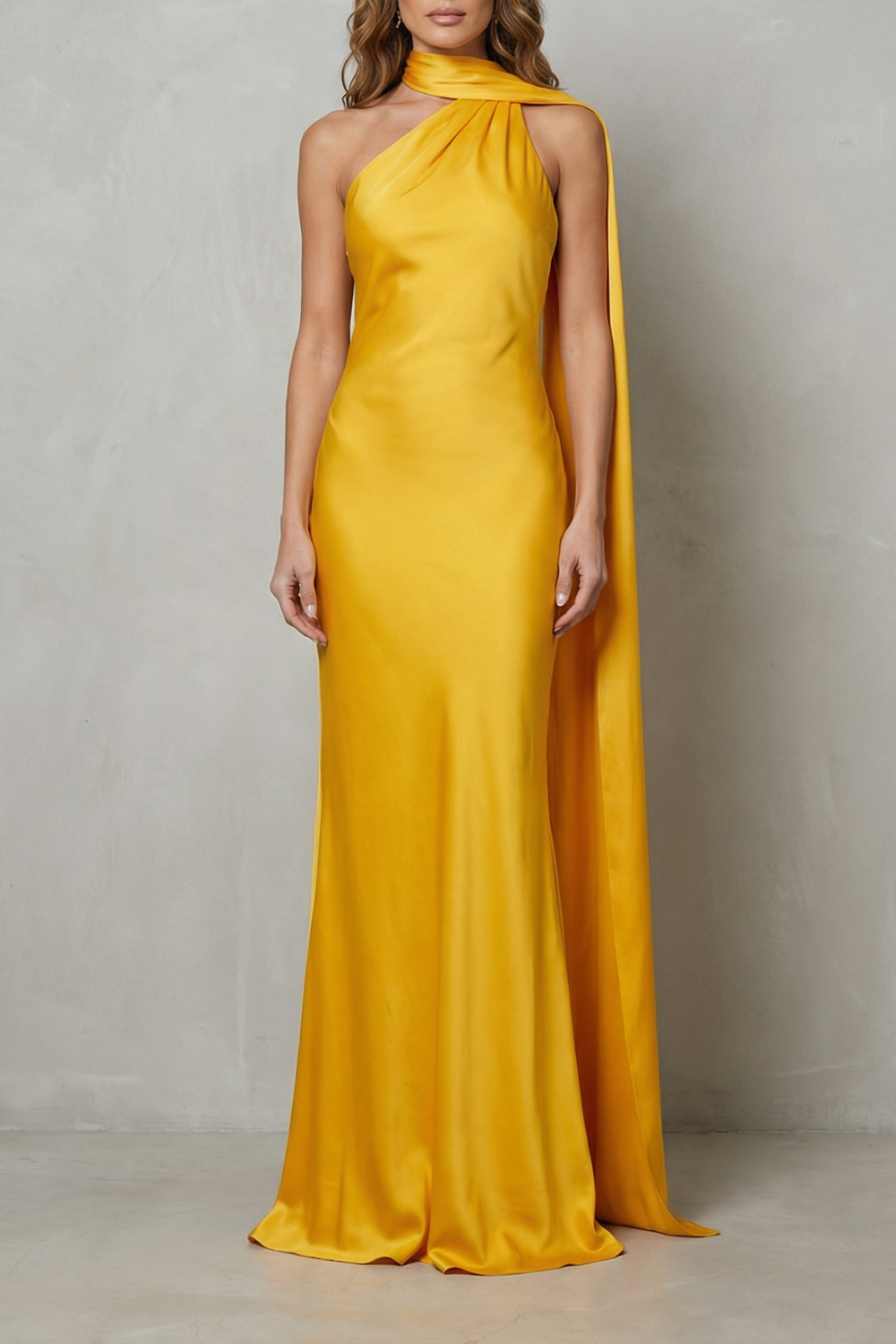 Orlianne – Decote drapeado em cascata – Vestido sereia em cetim