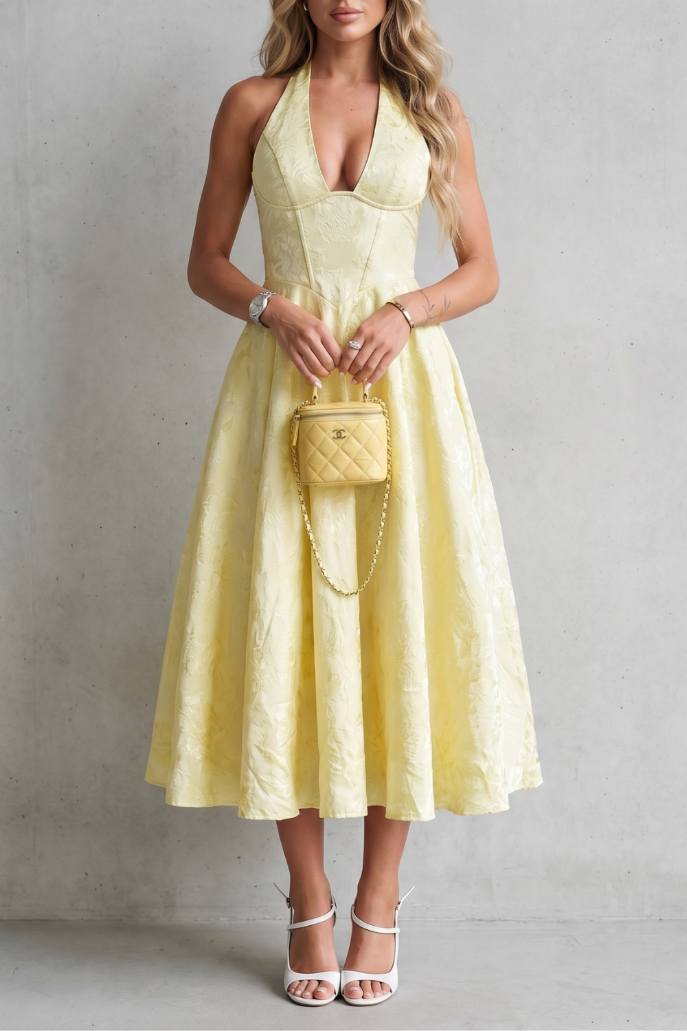 Rosalune – Elegância floral frente única – Vestido midi