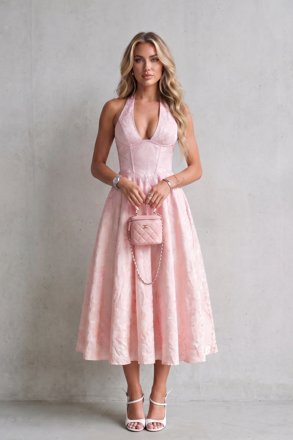 Rosalune – Elegância floral frente única – Vestido midi