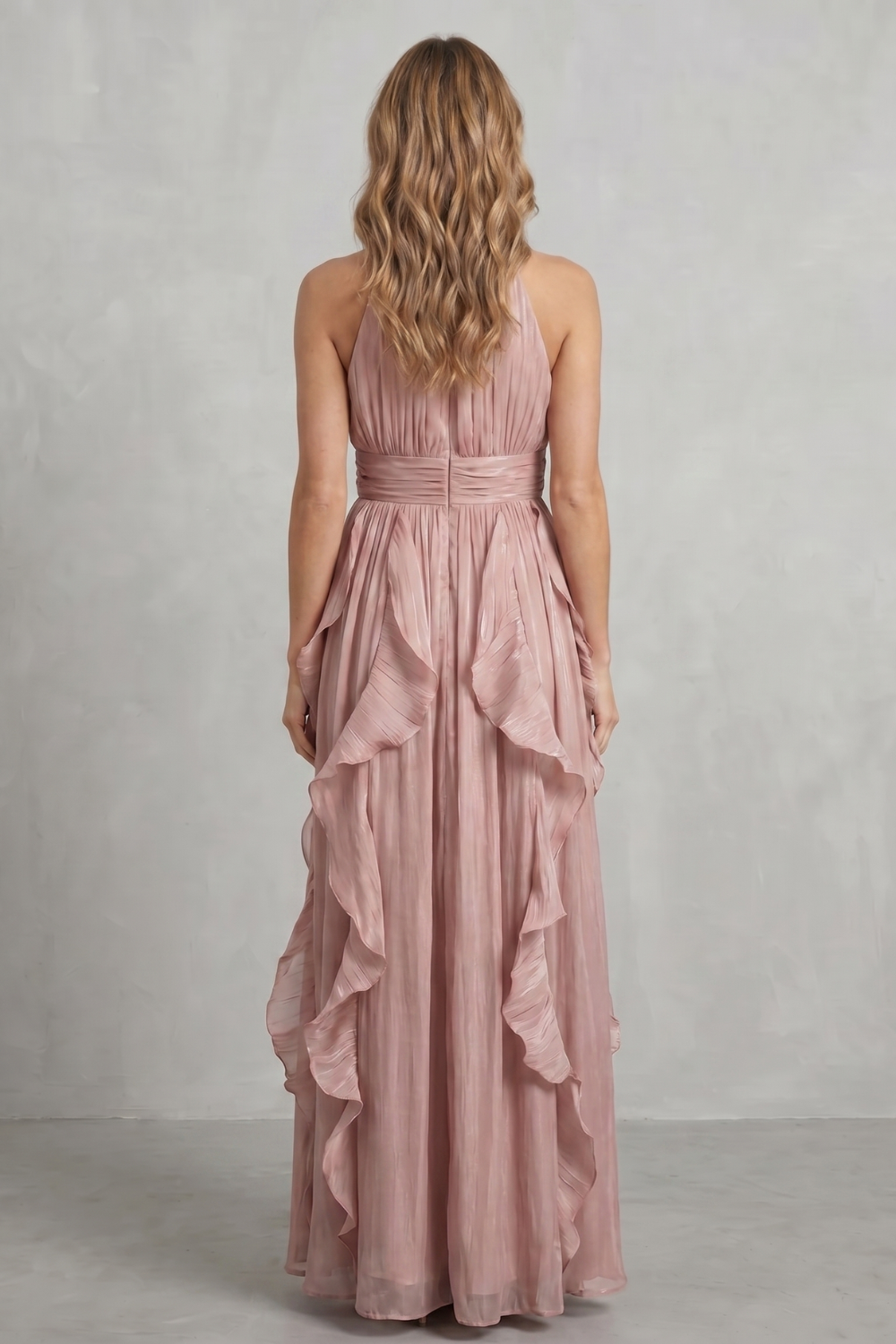 Rosamira – Elegância em chiffon com babados – Vestido longo