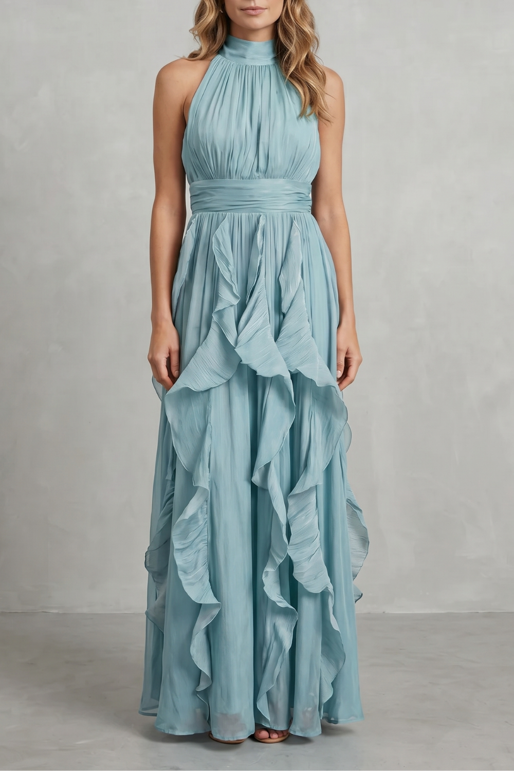 Rosamira – Elegância em chiffon com babados – Vestido longo