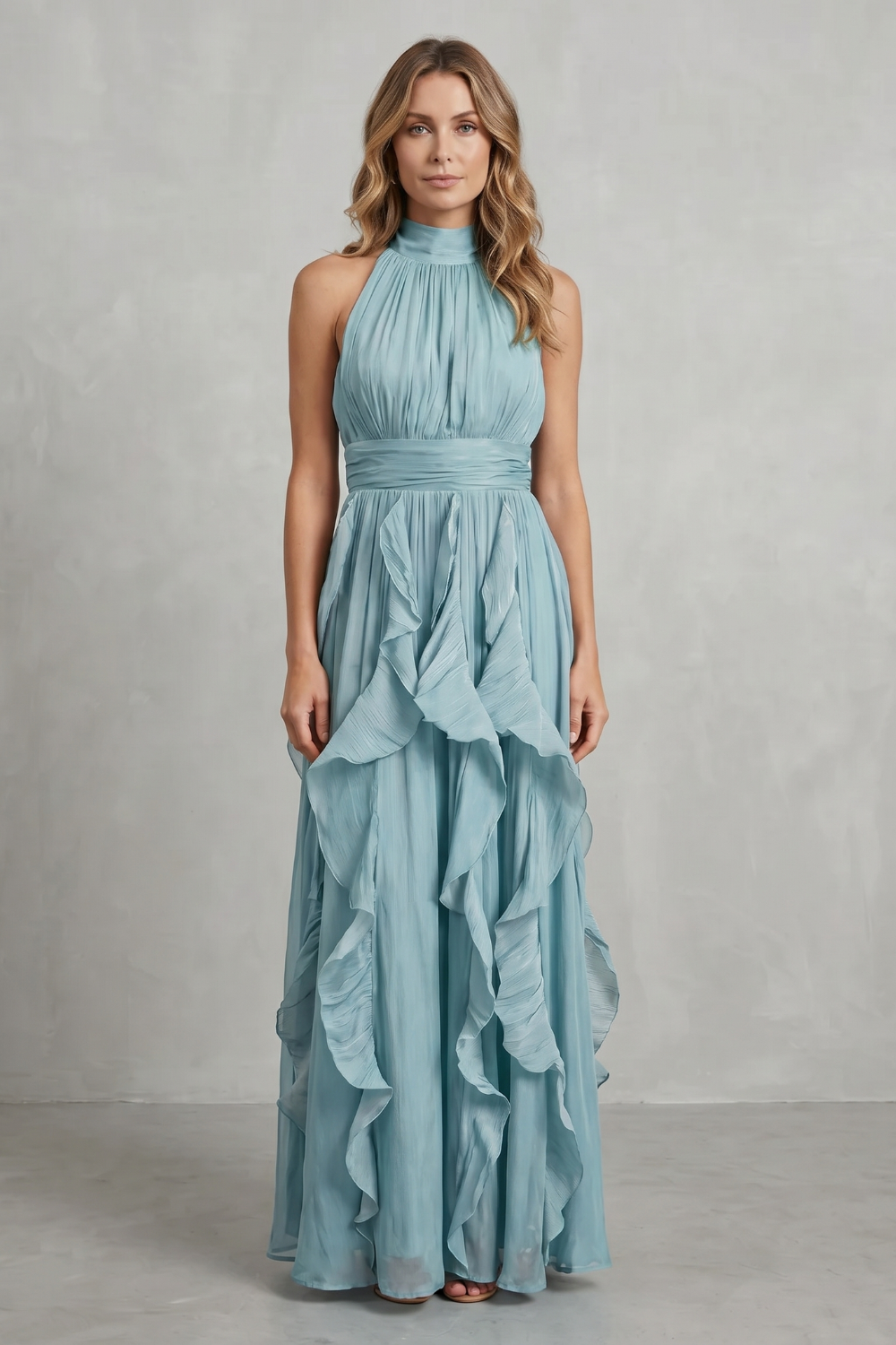 Rosamira – Elegância em chiffon com babados – Vestido longo