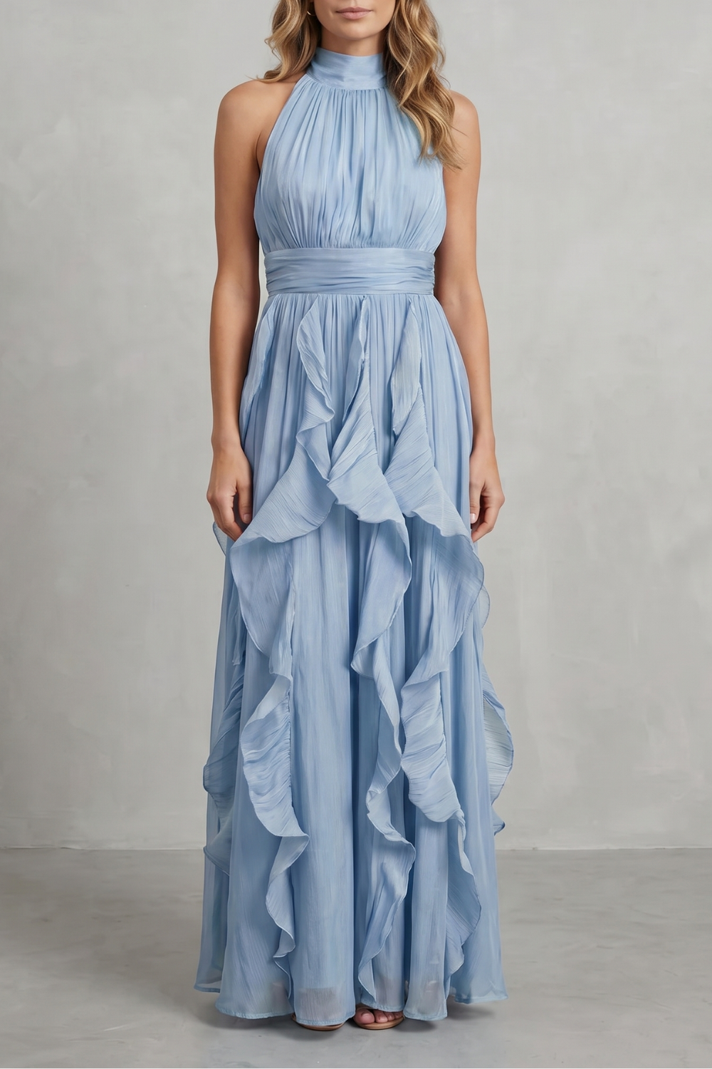 Rosamira – Elegância em chiffon com babados – Vestido longo