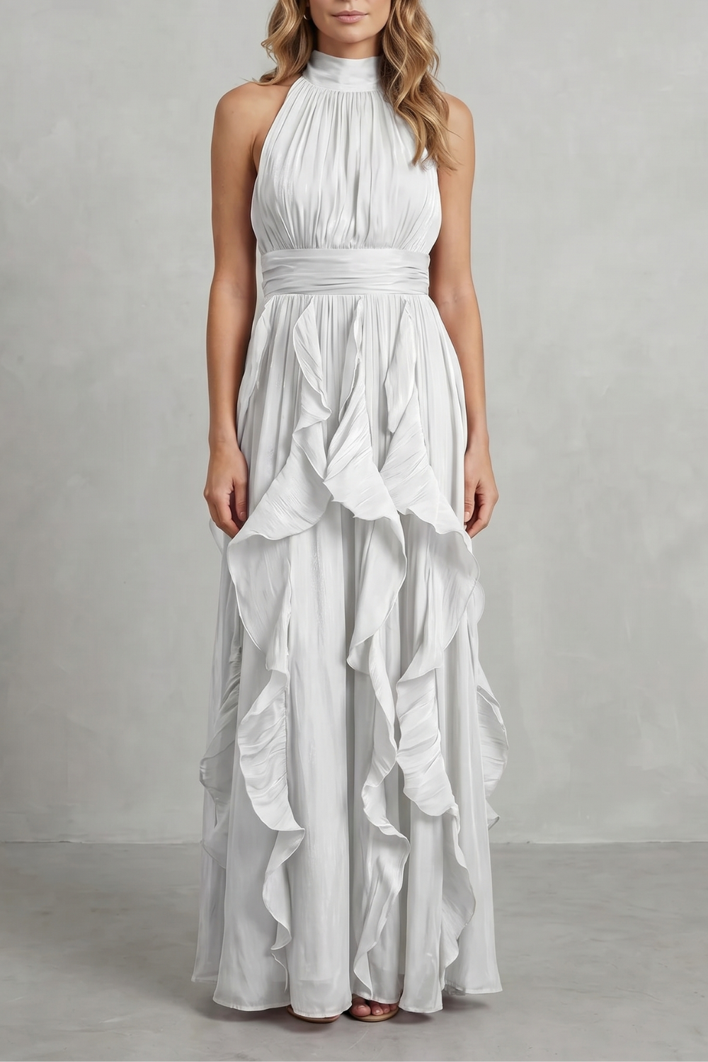 Rosamira – Elegância em chiffon com babados – Vestido longo