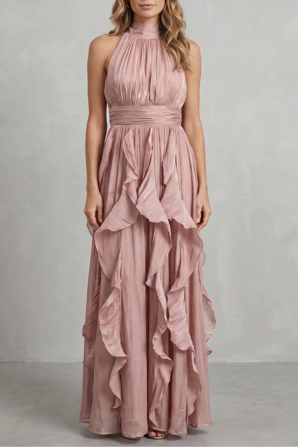 Rosamira – Elegância em chiffon com babados – Vestido longo