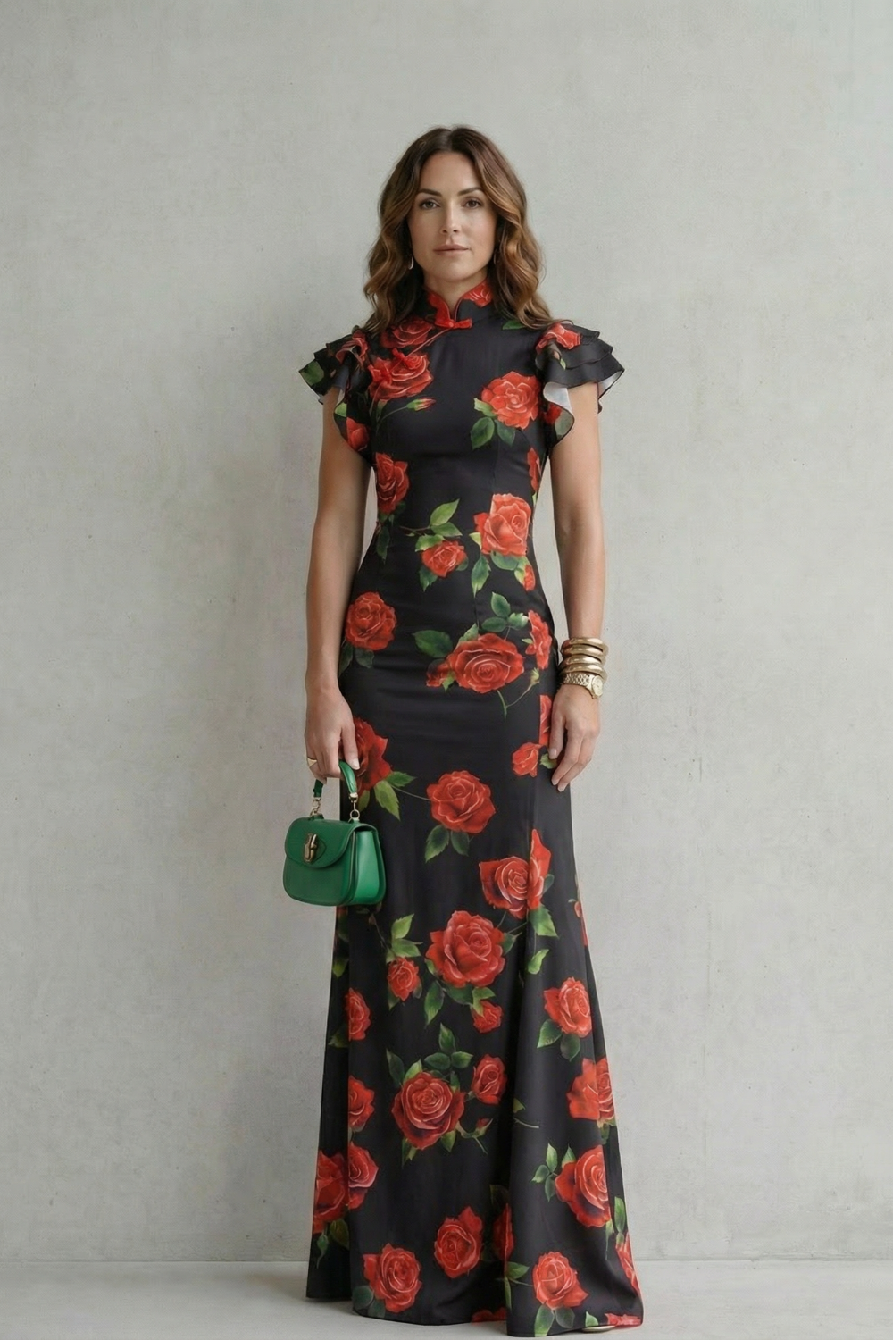 Rosavelle – Estampa romântica de rosas – Vestido longo