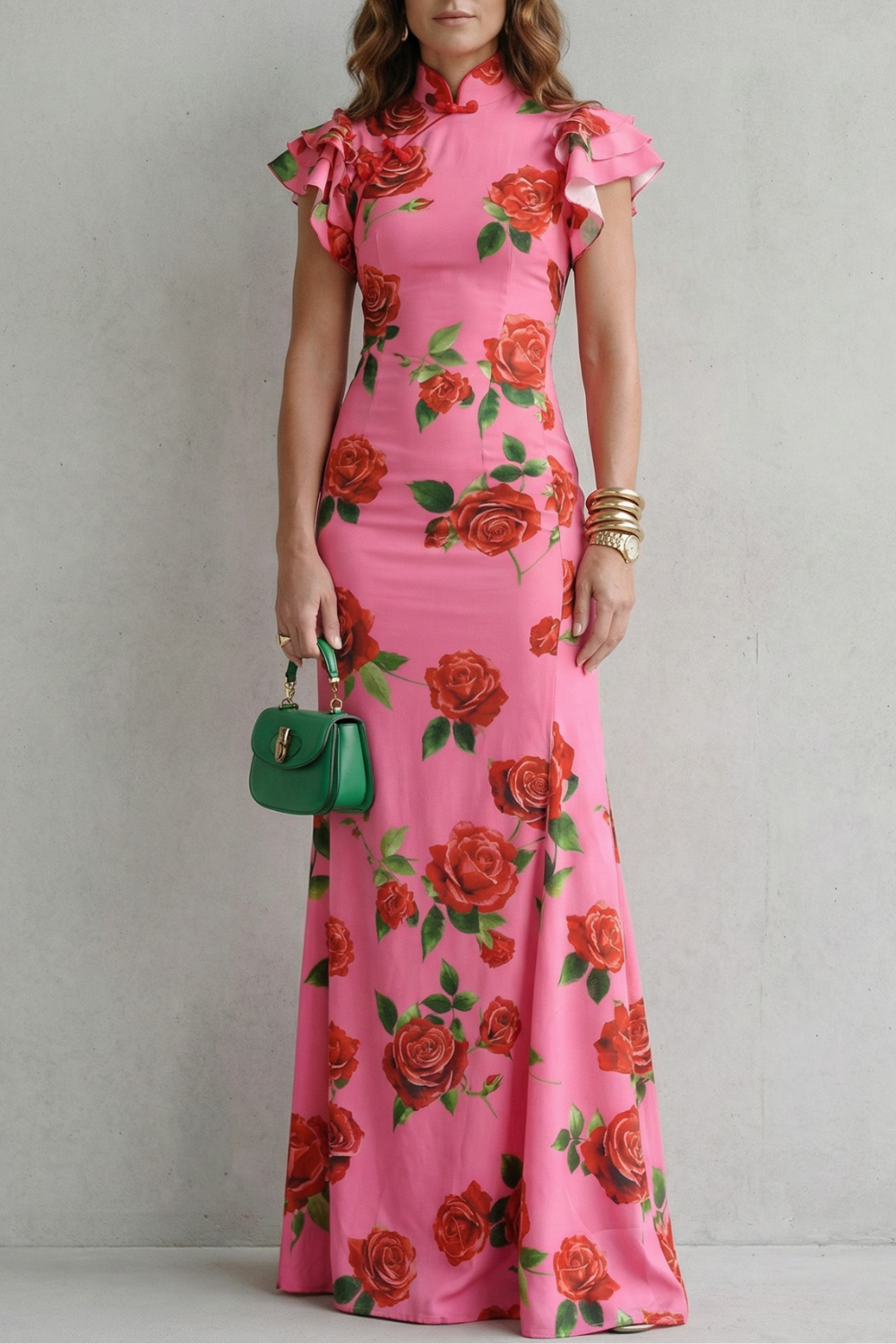 Rosavelle – Estampa romântica de rosas – Vestido longo
