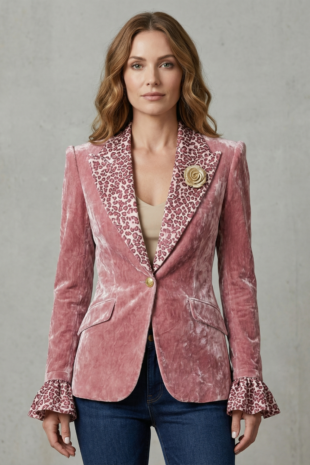 Rosavienne – Lapela estampada destaque – Blazer de veludo