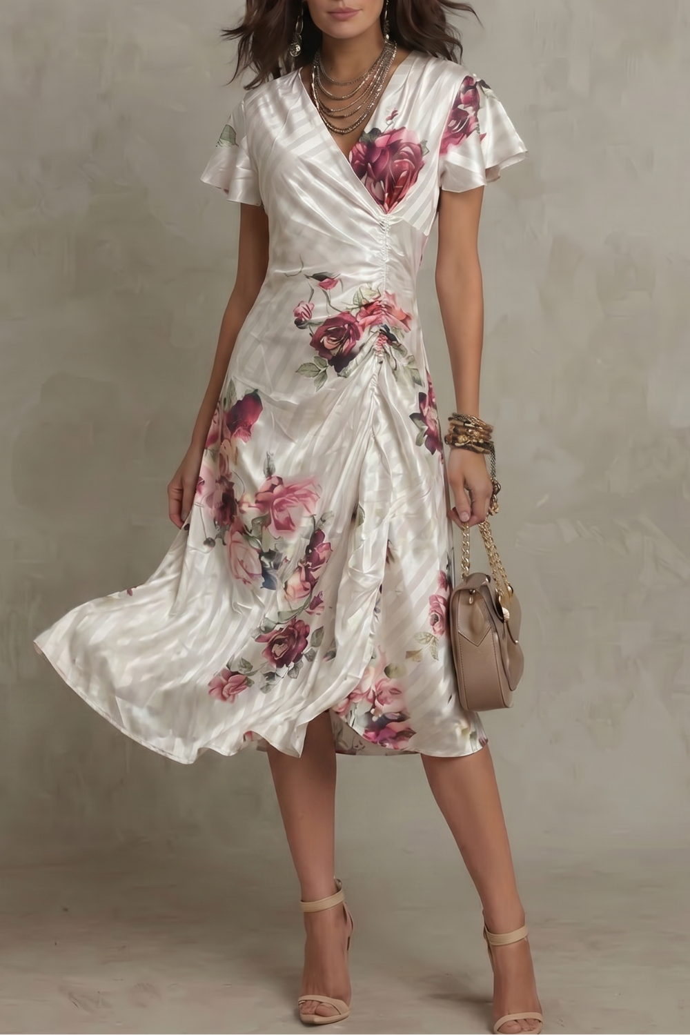 Rosavienne – Romance em cetim vintage – Vestido midi