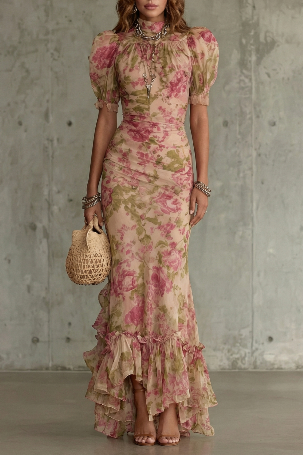 Roselique – Silhueta floral romântica – Vestido longo