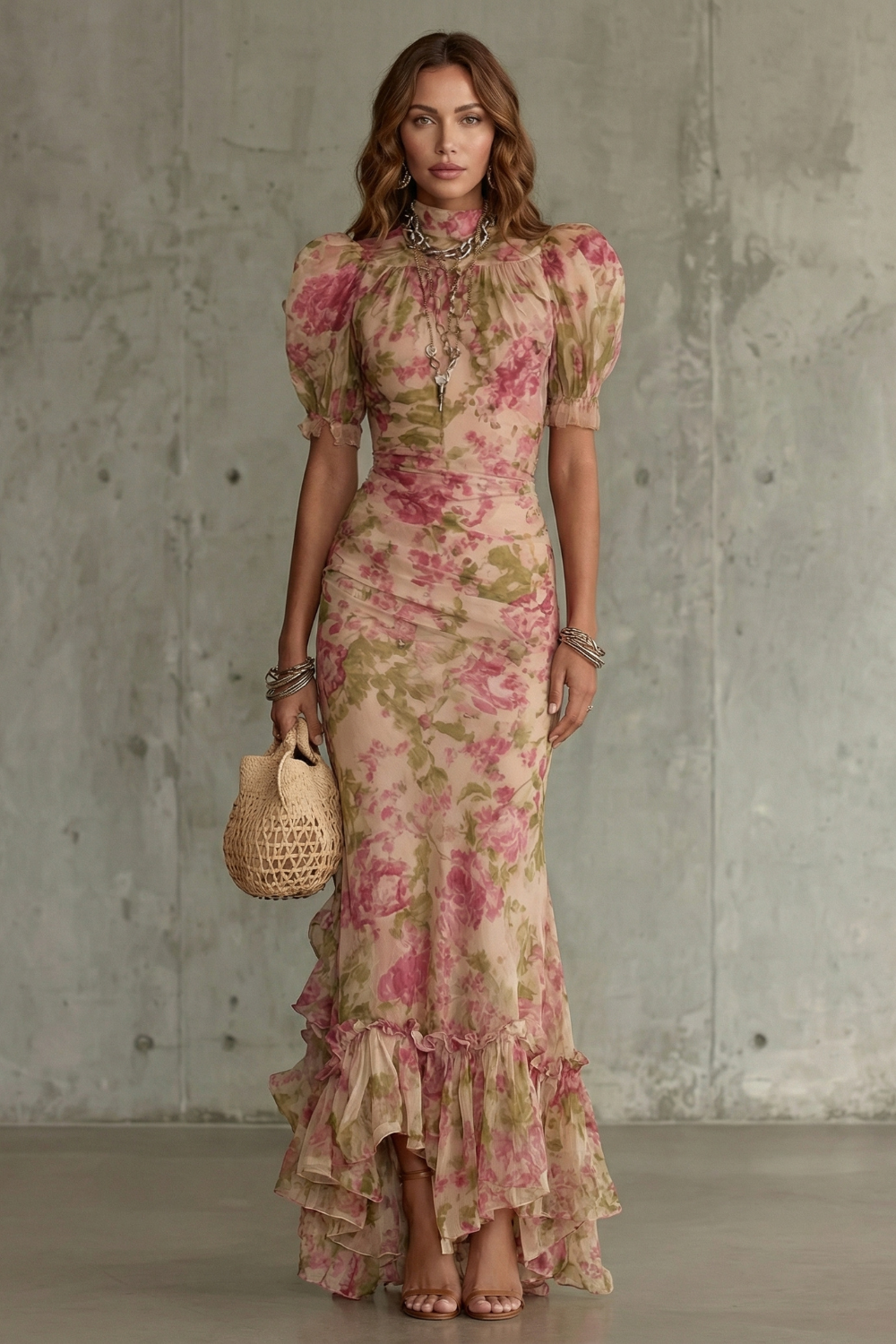 Roselique – Silhueta floral romântica – Vestido longo