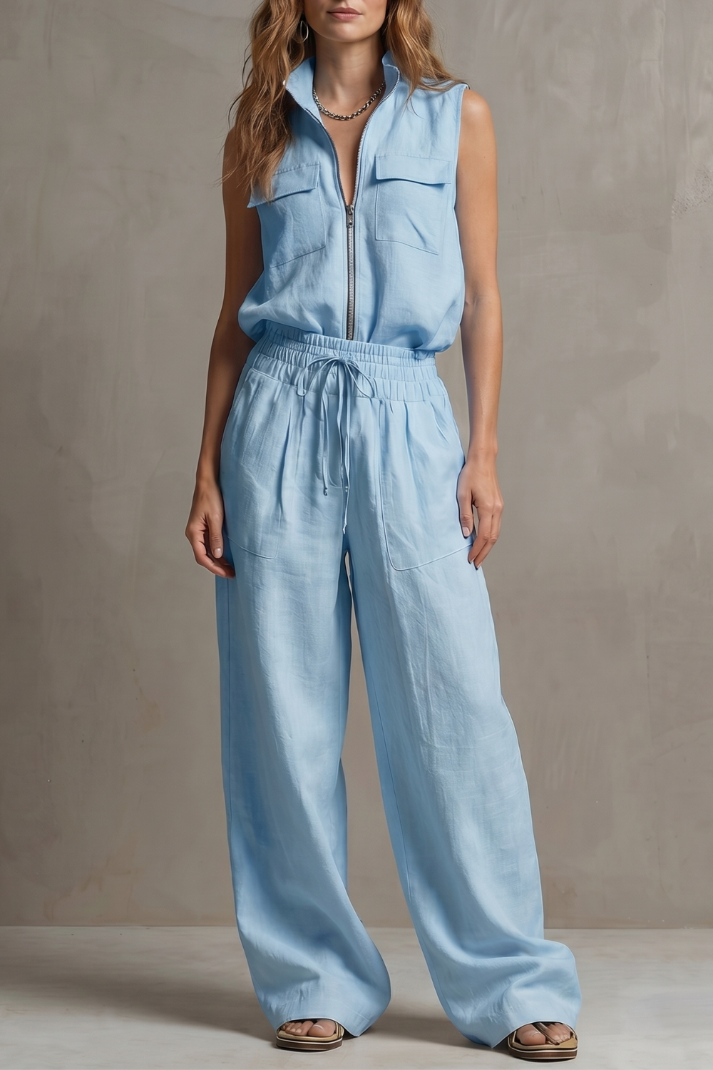 Roselune – Elegância transpassada com zíper frontal – Conjunto de calça